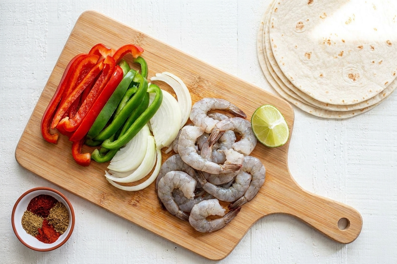 Shrimp, sliced bell peppers, sliced onions, lime, spices, and tortillas arranged on a clean kitchen counter with a cutting board
