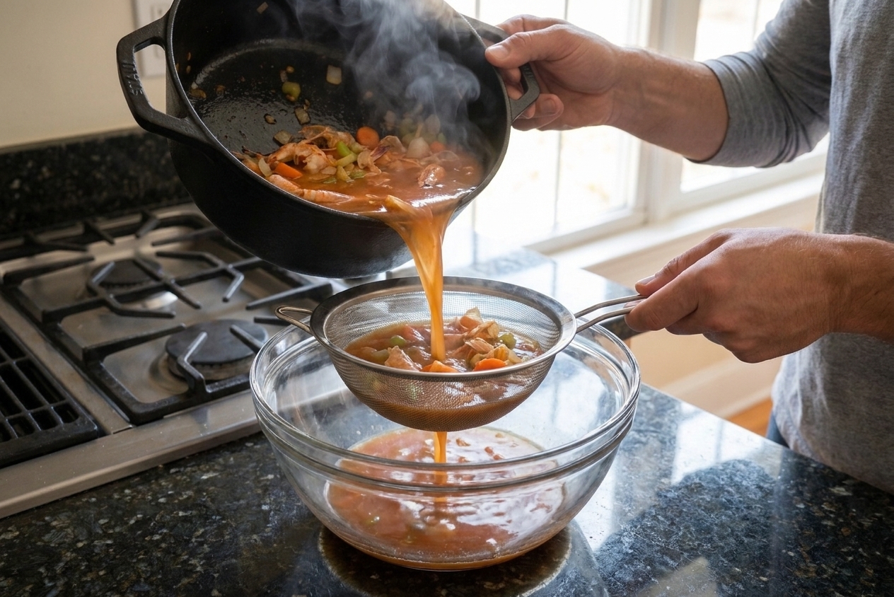 Shrimp stock being poured through a fine-mesh strainer into a large bowl on a kitchen counter