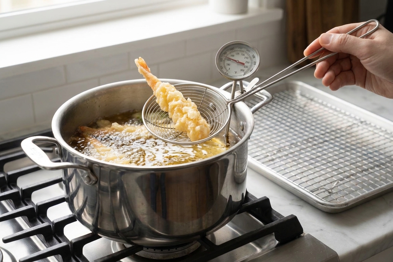 Shrimp tempura frying in hot oil in a deep pot, with a spider strainer lifting one shrimp as the batter turns pale golden