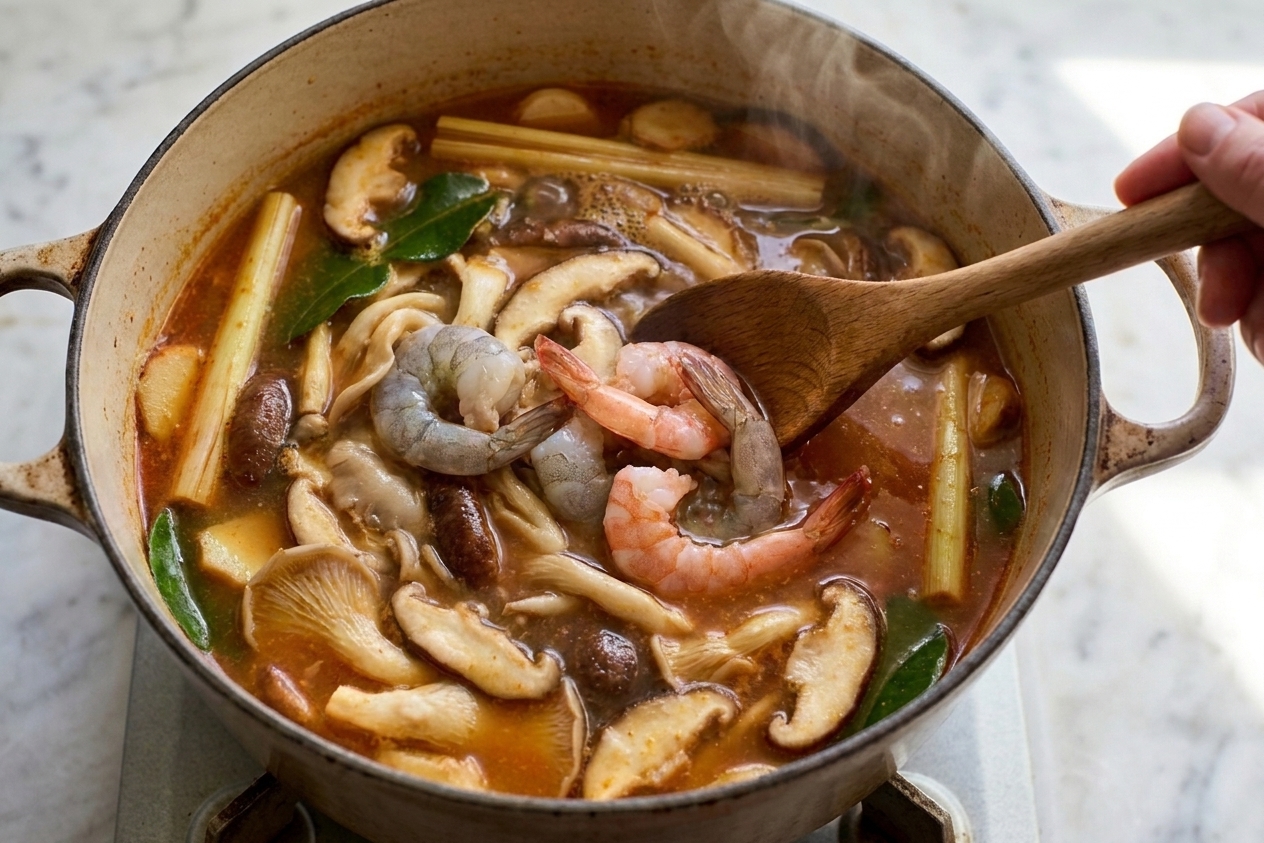 Shrimp turning pink as they cook gently in a pot of tom yum broth with mushrooms