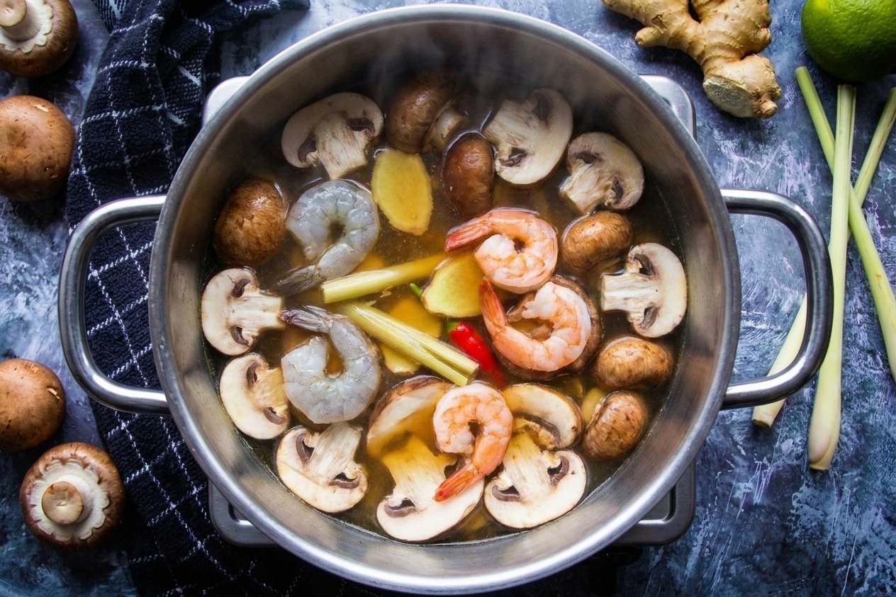 Shrimp turning pink as they cook in tom yum broth with mushrooms