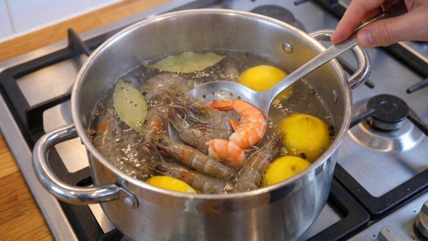 Shrimp turning pink in a large pot of seasoned water on a stovetop