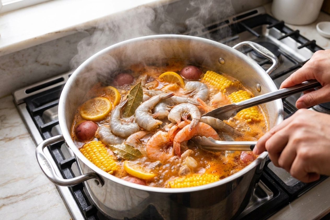 Shrimp turning pink in a large stockpot of seasoned boiling liquid with lemon slices and bay leaves on a stovetop