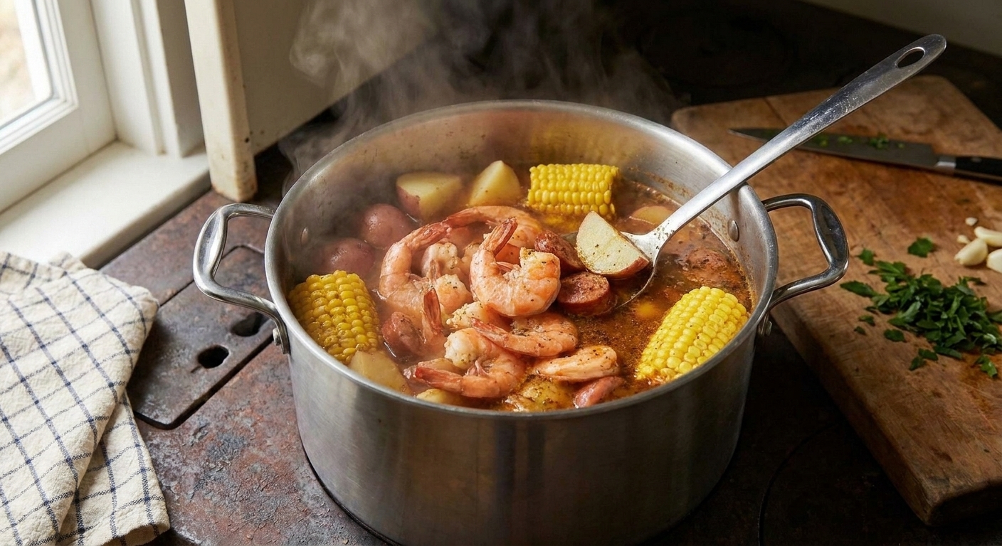 Shrimp turning pink in a large stockpot with corn and potatoes simmering in seasoned broth on a stovetop