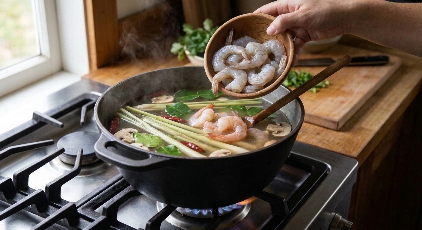 Shrimp turning pink in a pot of Tom Yum broth with mushrooms and floating lime leaves
