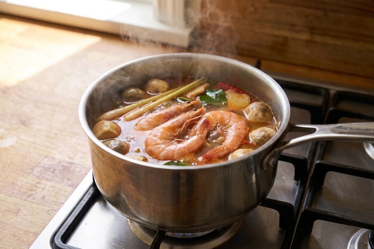 Shrimp turning pink in a pot of tom yum soup with mushrooms floating in the broth, steam rising, stovetop scene