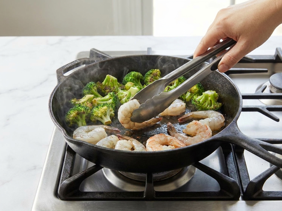 Shrimp turning pink in a skillet alongside broccoli as tongs flip the shrimp