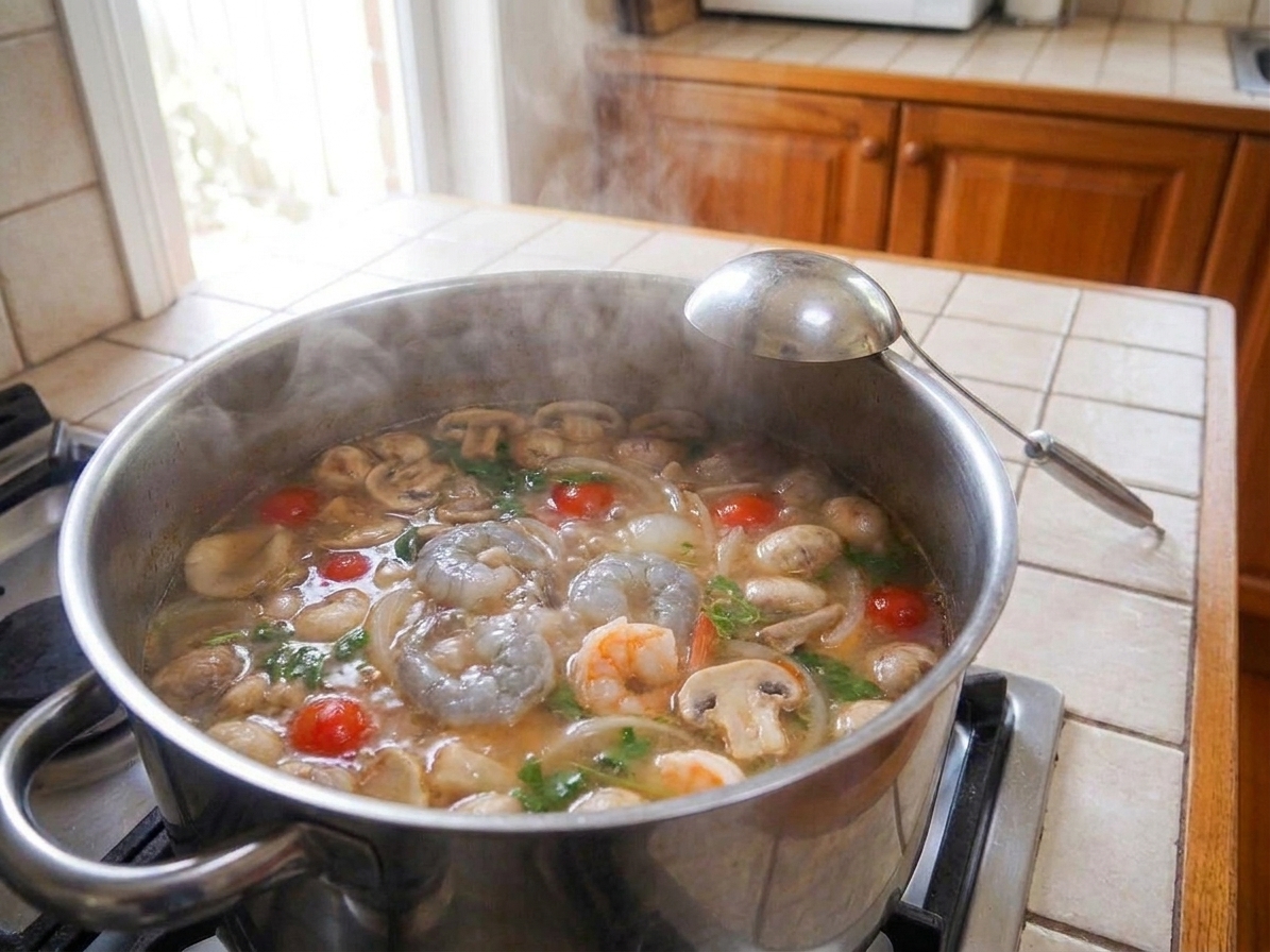 Shrimp turning pink in hot tom yum broth in a pot on the stove