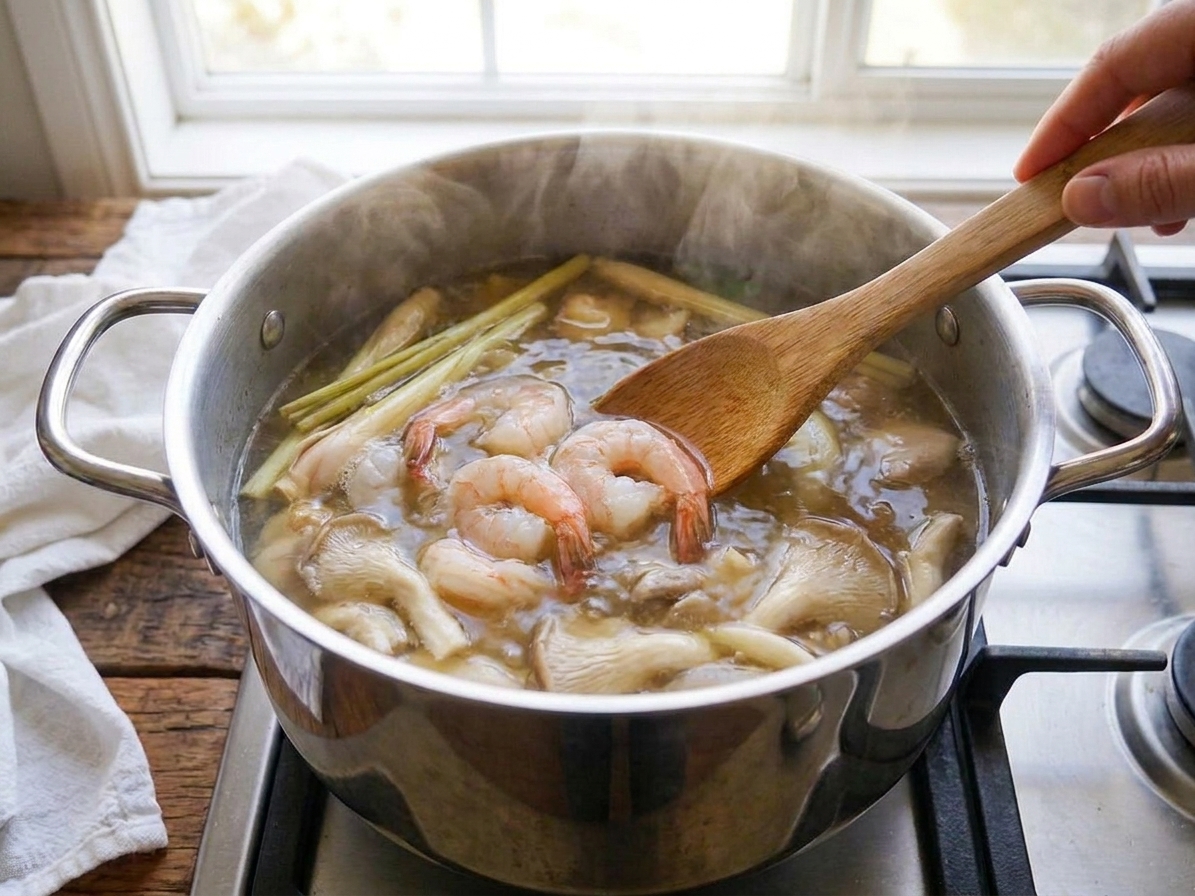 Shrimp turning pink while cooking in a fragrant broth with mushrooms in a pot