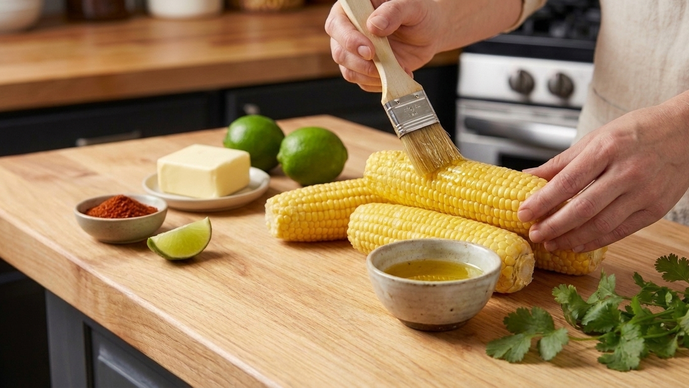 Shucked corn on the cob being brushed with oil on a cutting board