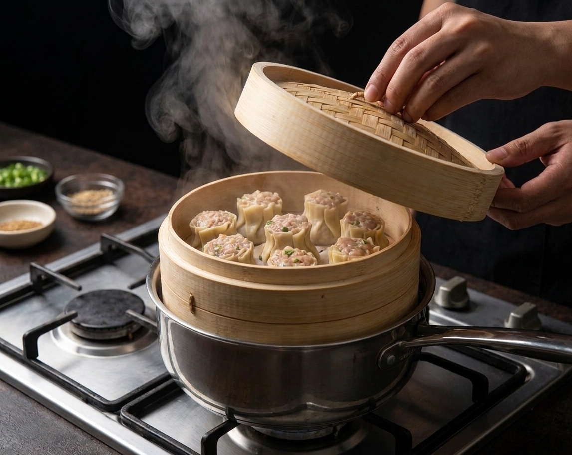 Shumai cooking inside a bamboo steamer set over a pot of simmering water on a stovetop