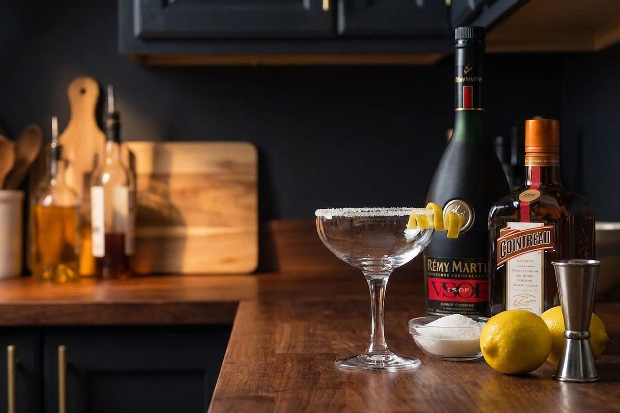 Sidecar cocktail ingredients laid out on a kitchen counter including a bottle of cognac, orange liqueur, fresh lemons, a jigger, and a coupe glass