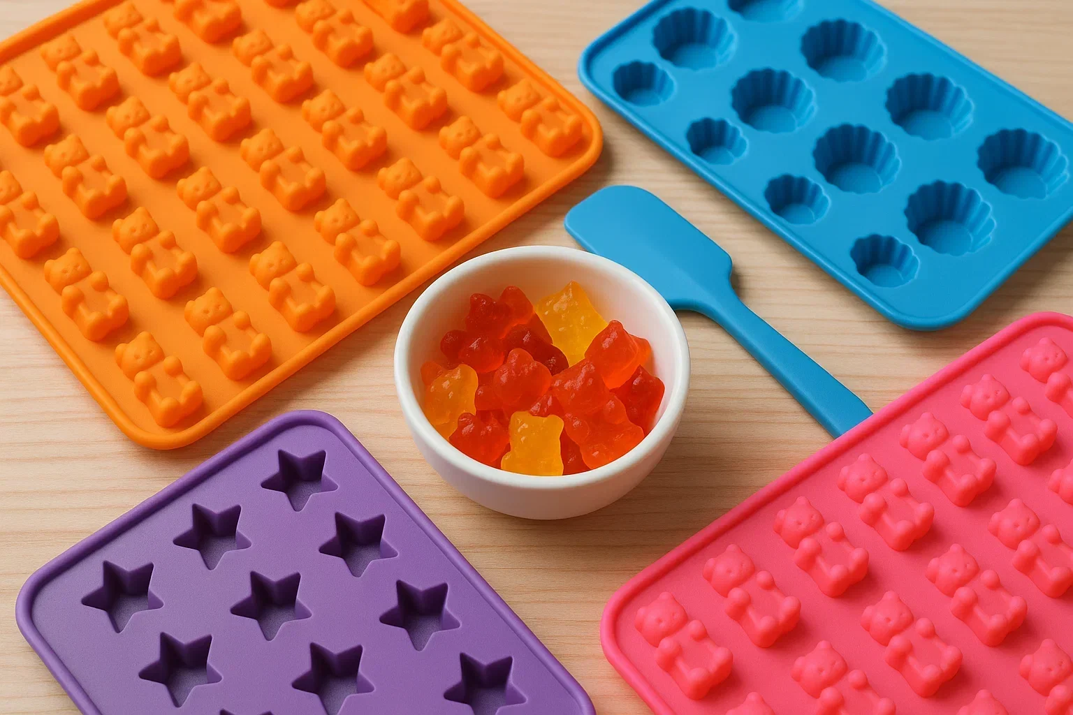 Silicone gummy molds lightly greased and placed on a sheet pan on a home kitchen counter with a small dropper nearby