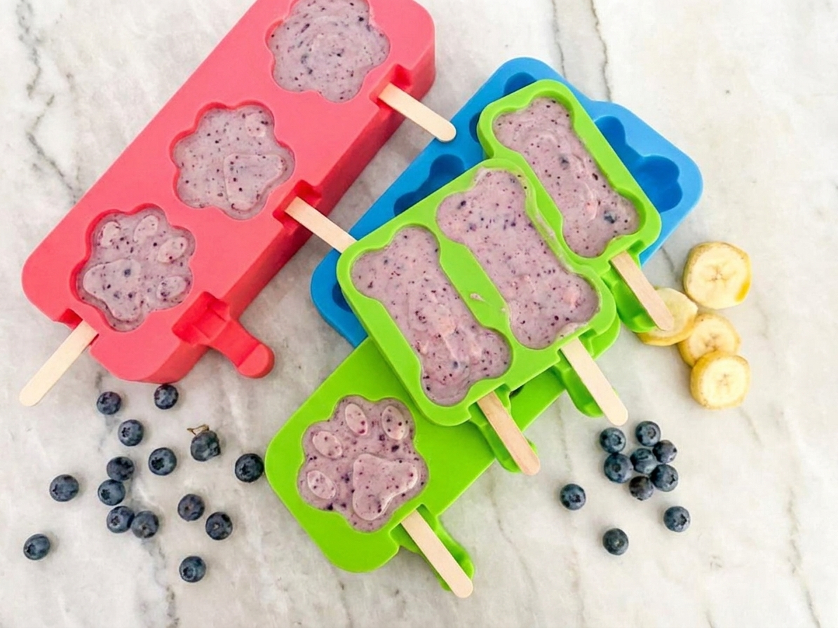 Silicone popsicle molds on a kitchen counter filled with a pale purple blueberry banana yogurt mixture, ready to be frozen