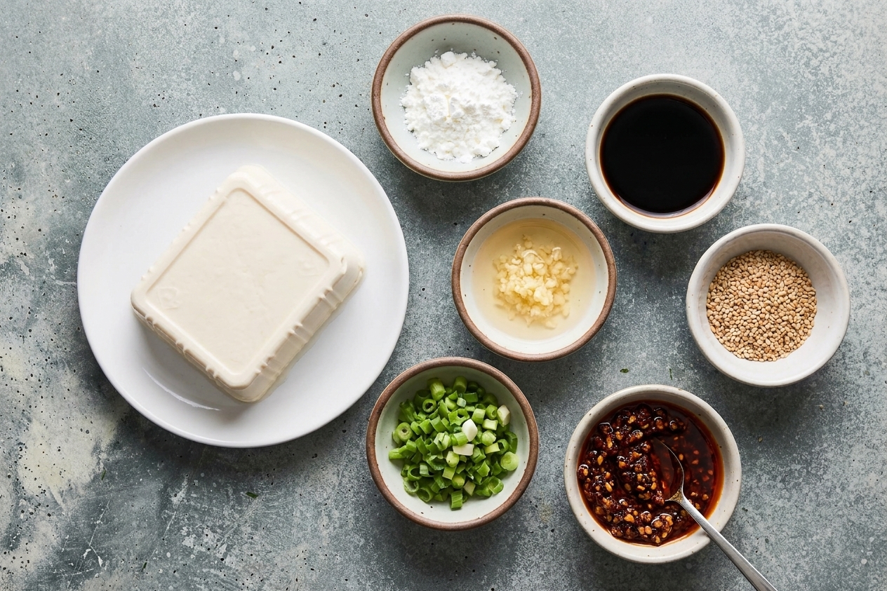Silken tofu, cornstarch, soy sauce, rice vinegar, garlic, scallions, sesame seeds, and chili crisp arranged on a bright kitchen counter with small prep bowls