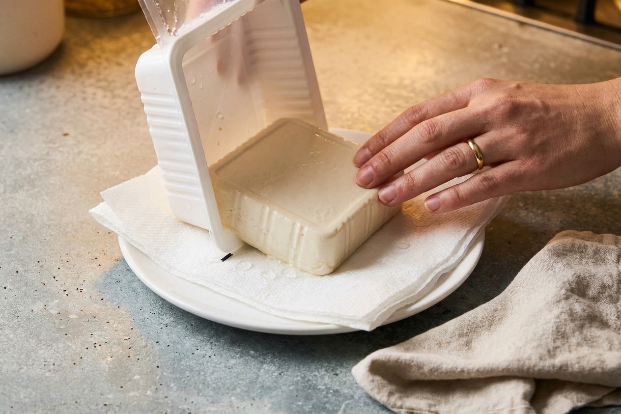 Silken tofu gently slid from its package onto a plate lined with paper towels on a warm-lit kitchen counter