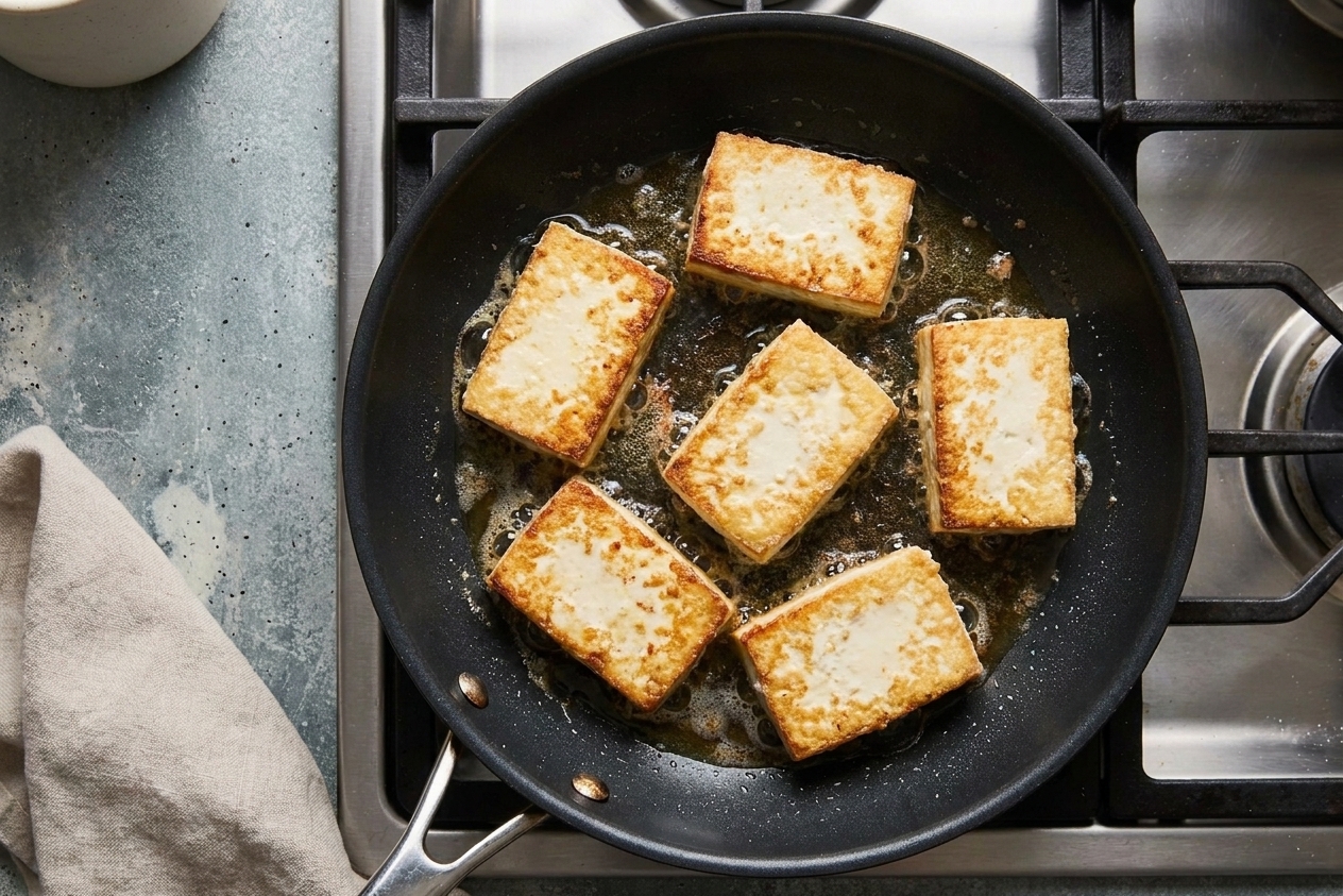 Silken tofu rectangles crisping in a nonstick skillet with golden edges forming, viewed from above on a home stove