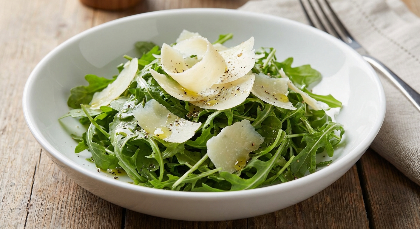 Simple arugula salad in a white bowl with shaved parmesan