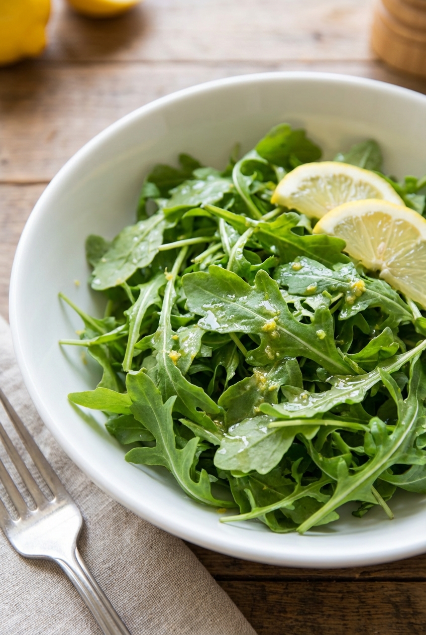 Simple arugula salad with lemon vinaigrette in a white bowl