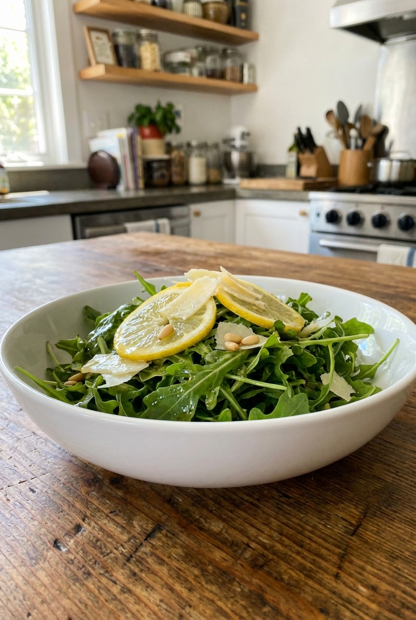 Simple arugula salad with lemon vinaigrette in a white bowl