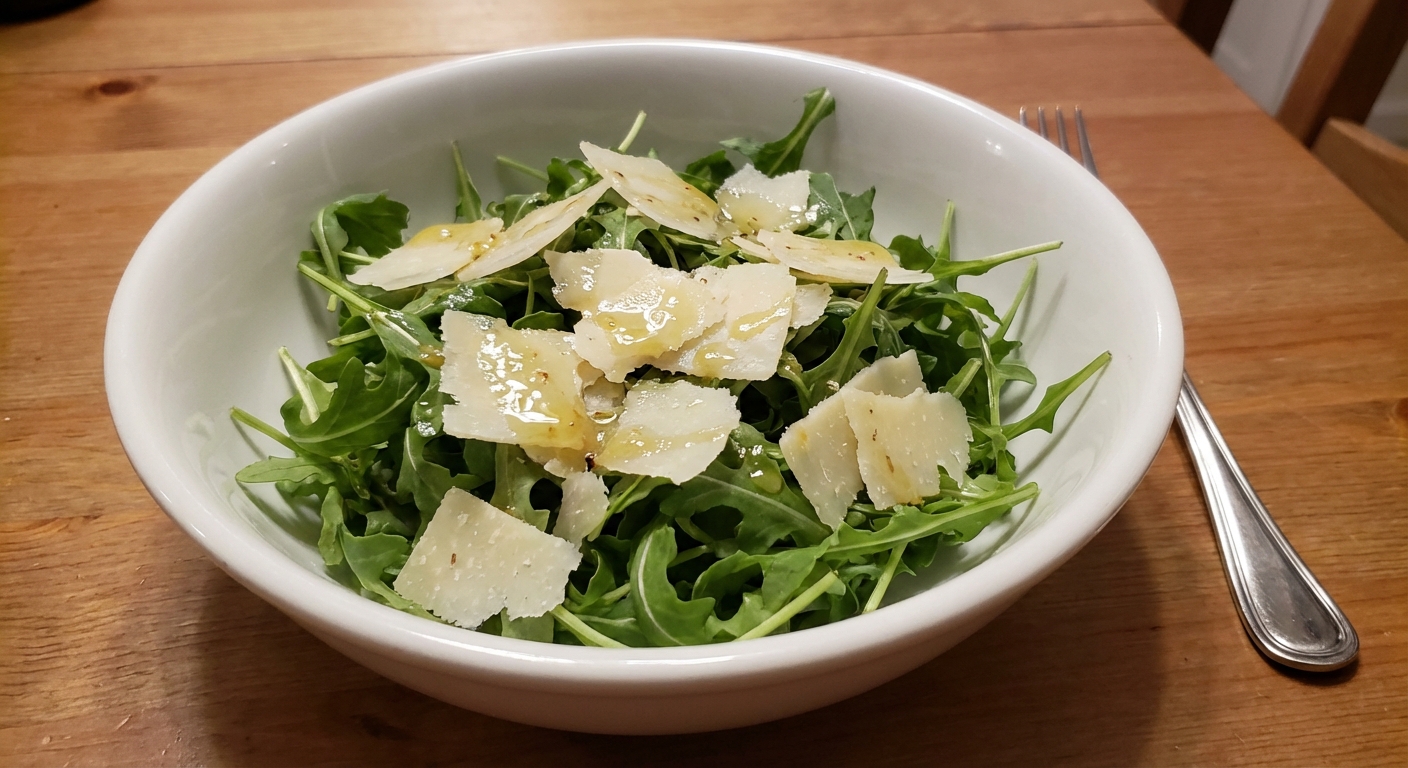 Simple arugula salad with shaved parmesan and vinaigrette