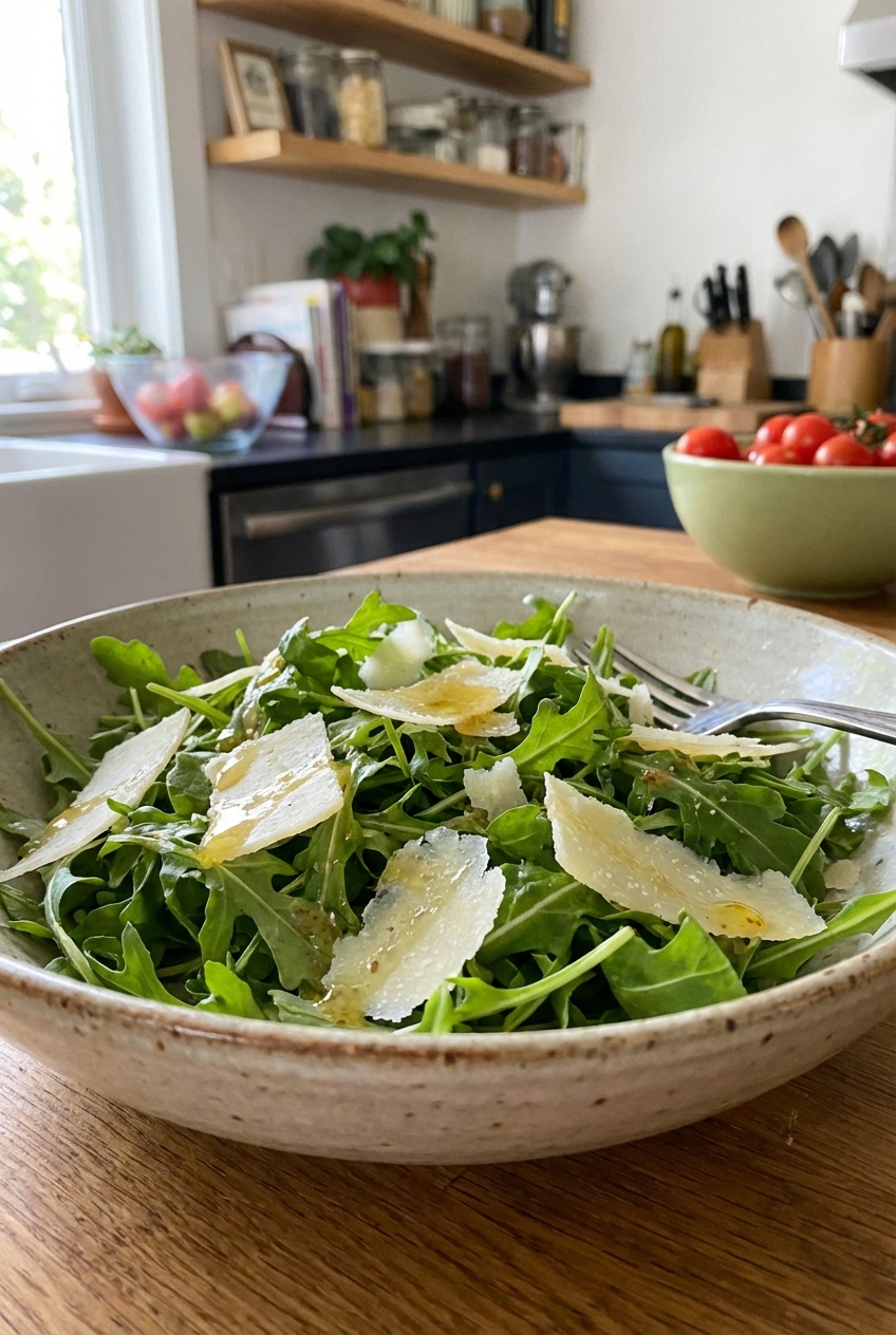 Simple arugula salad with shaved parmesan and vinaigrette