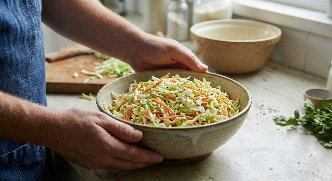 Simple coleslaw in a bowl with shredded cabbage and carrots