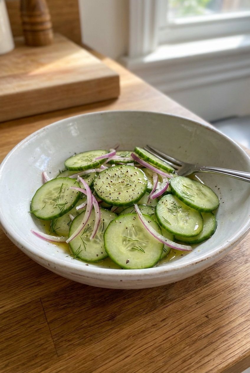 Simple cucumber salad in a white bowl