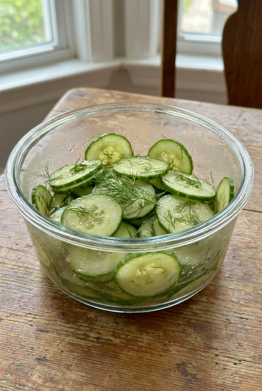 Simple cucumber salad with dill in a glass bowl