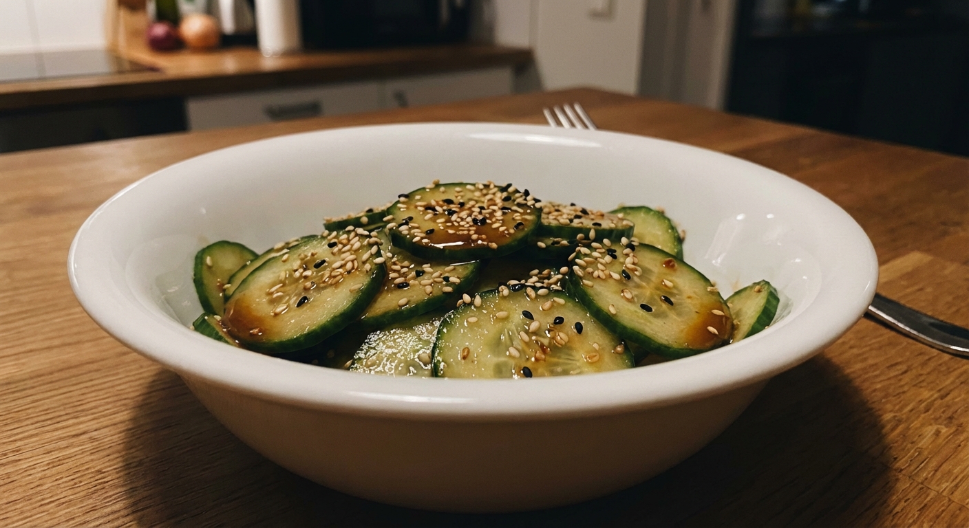 Simple cucumber salad with sesame dressing in a white bowl
