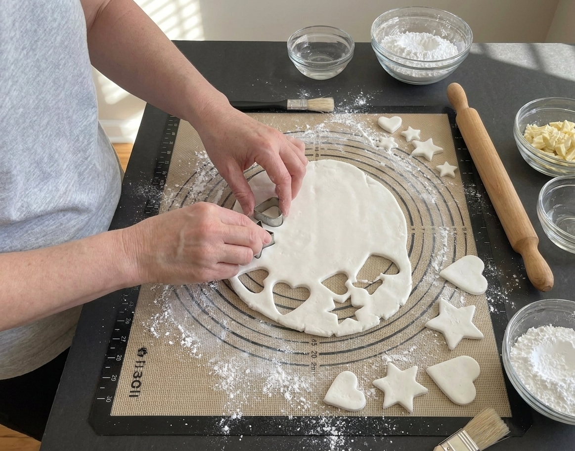 Simple fondant shapes being cut with small cookie cutters on a pastry mat