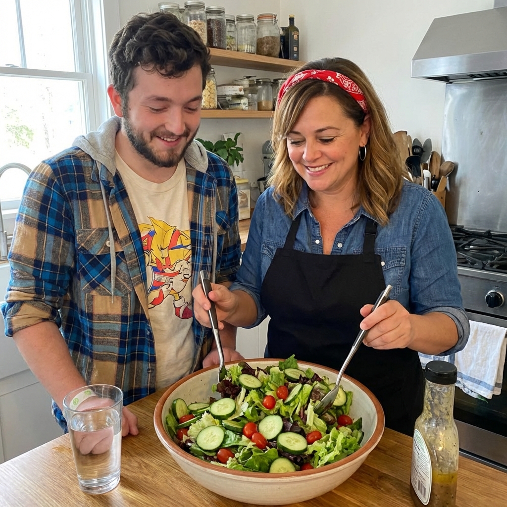 Simple garden salad in a large bowl with cucumbers and tomatoes