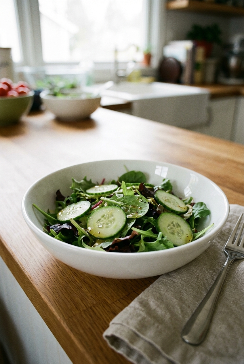 Simple side salad with mixed greens and cucumbers in a white bowl