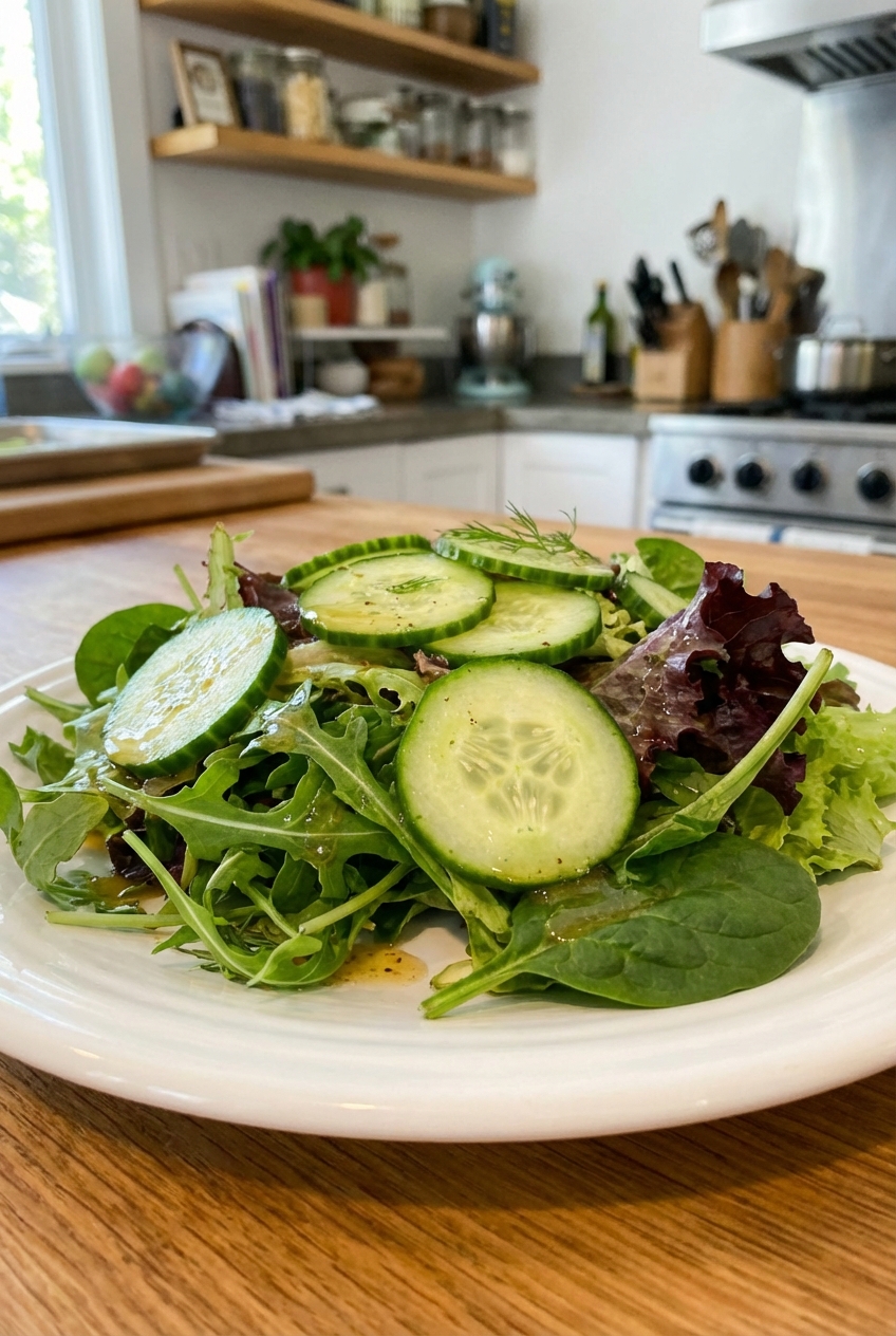 Simple side salad with mixed greens, cucumbers, and vinaigrette