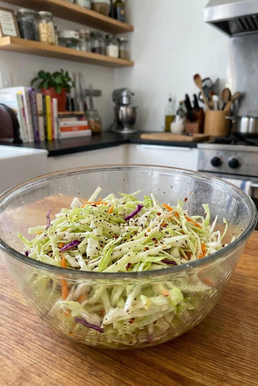 Simple vinegar slaw in a glass bowl with shredded cabbage