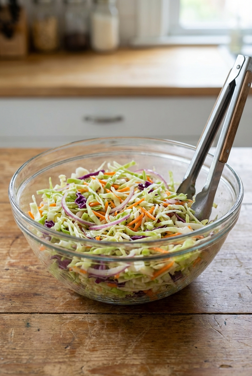 Simple vinegar slaw in a glass bowl with tongs
