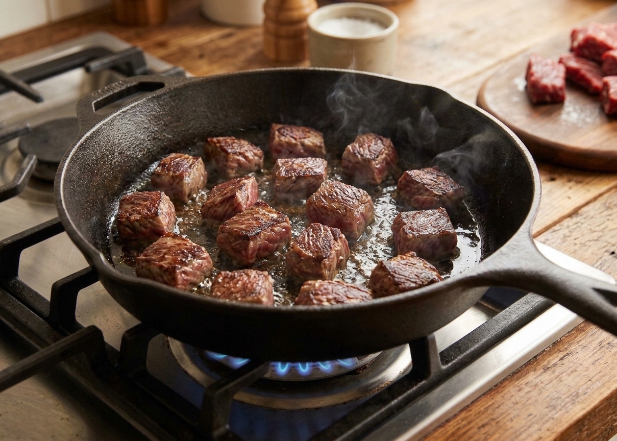 Sirloin tip steak bites browning in a hot skillet with visible crisp edges and light sizzling