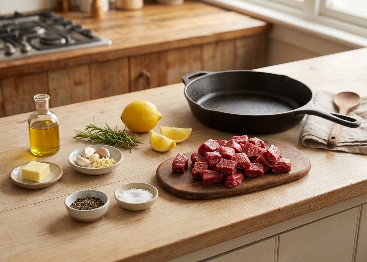 Sirloin tip steak, butter, garlic, rosemary, lemon, salt, pepper, and olive oil arranged on a light kitchen counter