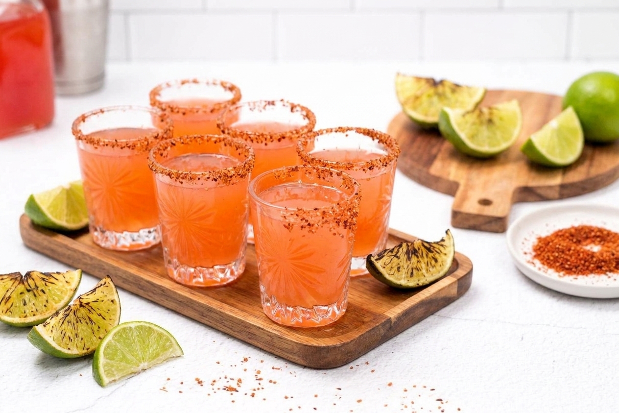 Six Mexican candy shots with Tajín rims arranged on a small serving tray with lime wedges nearby on a dining table