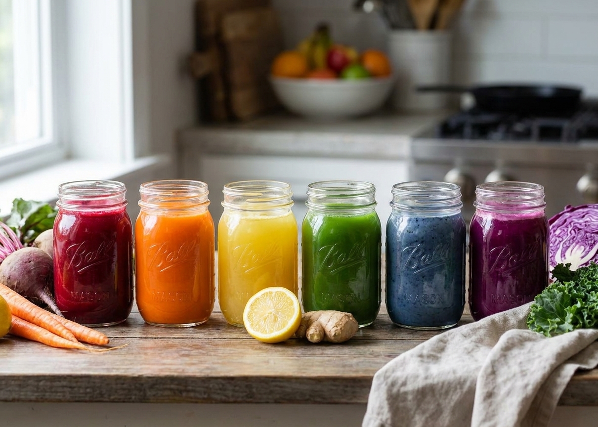 Six glass jars filled with different colored juices lined up on a kitchen counter in soft natural light