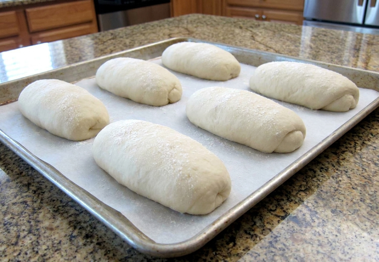 Six shaped hoagie roll dough logs resting on a parchment-lined baking sheet, lightly floured, in a bright home kitchen
