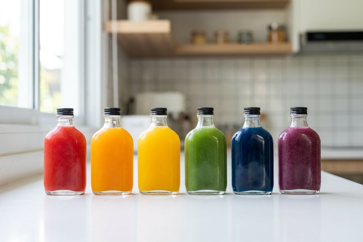 Six small glass bottles filled with different colored juices lined up on a bright kitchen counter