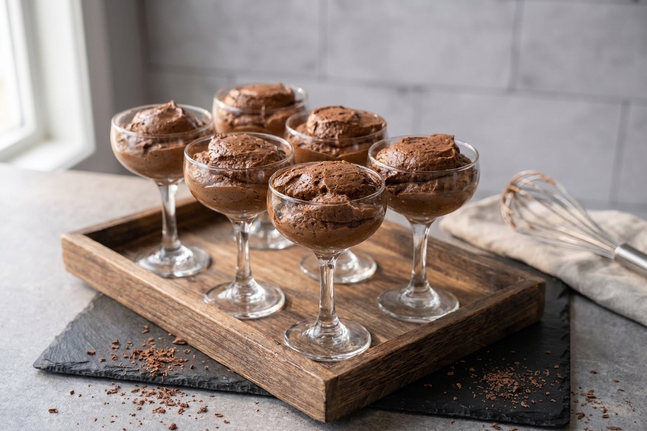 Six small glass cups filled with chocolate mousse arranged on a tray on a kitchen counter