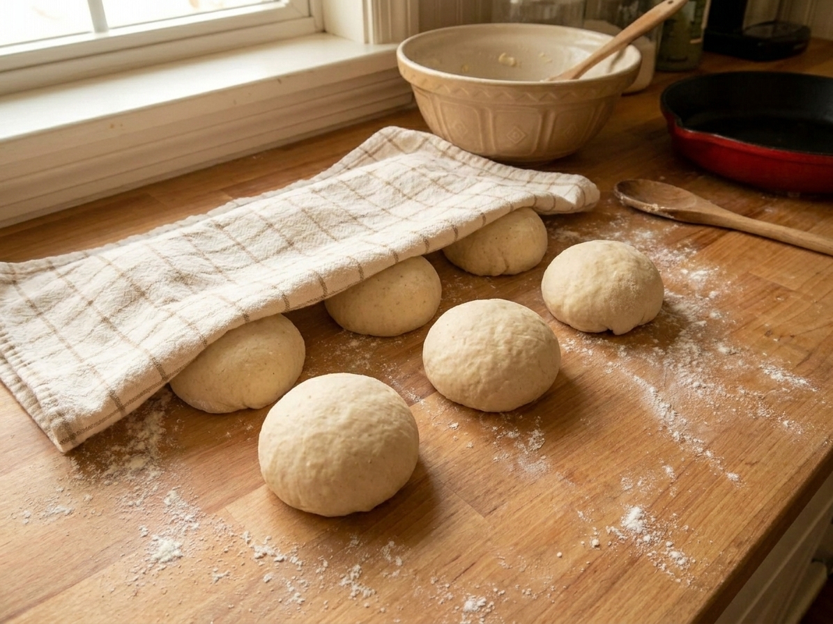 Six tortilla dough balls resting under a clean kitchen towel on a lightly floured counter