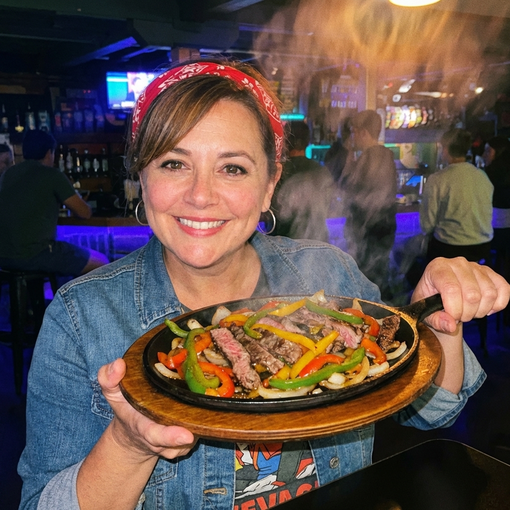 Sizzling steak fajitas with peppers and onions in a skillet