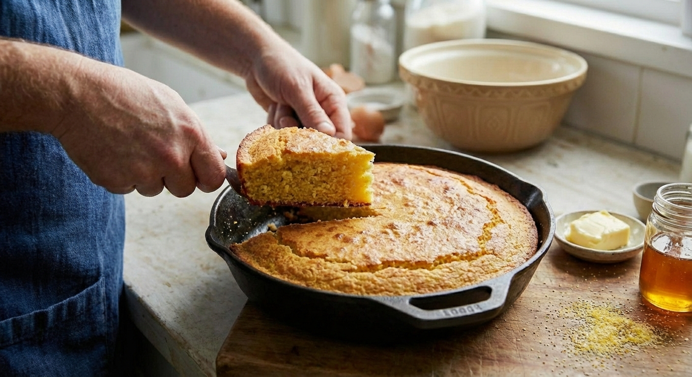 Skillet cornbread with a golden crust and a slice cut out