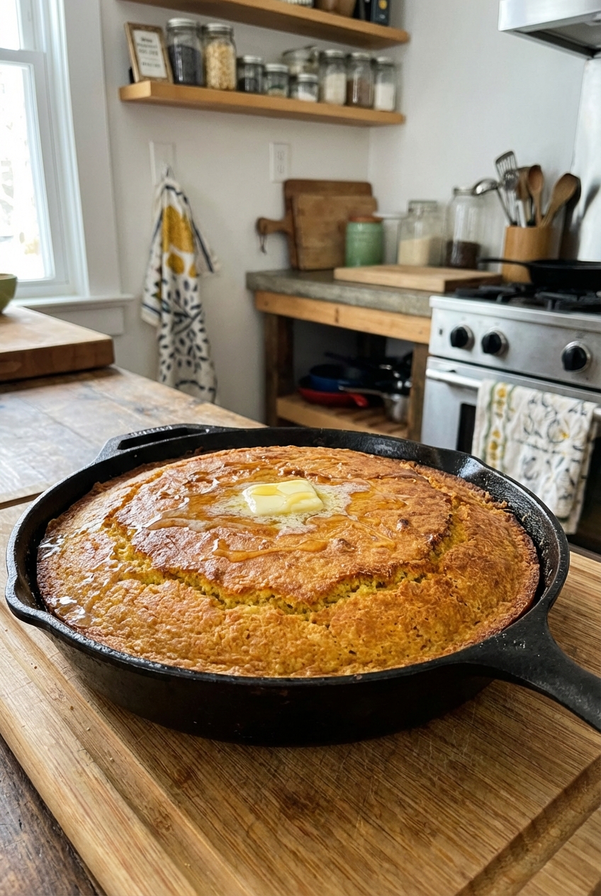 Skillet cornbread with a golden crust in a cast iron pan