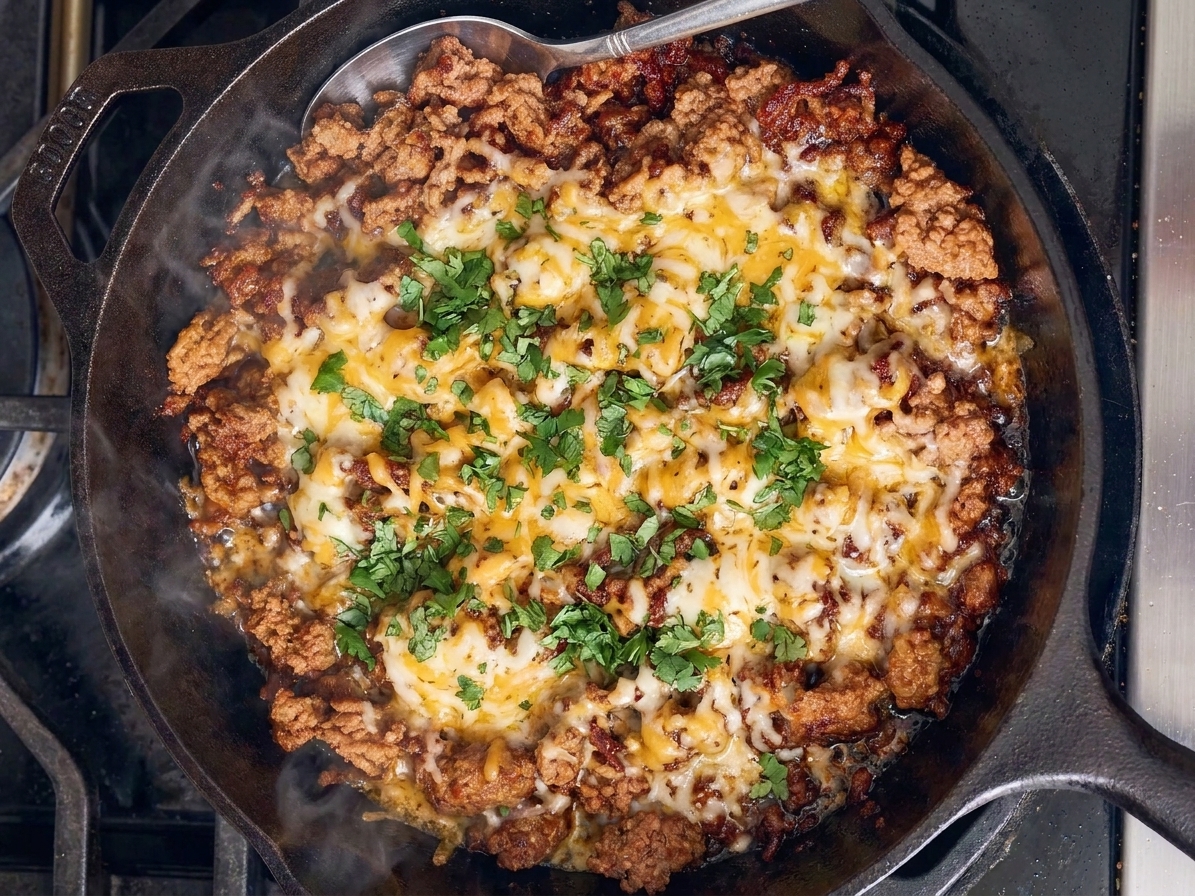 Skillet of Mexican ground beef topped with melted shredded cheese and chopped cilantro, ready to serve