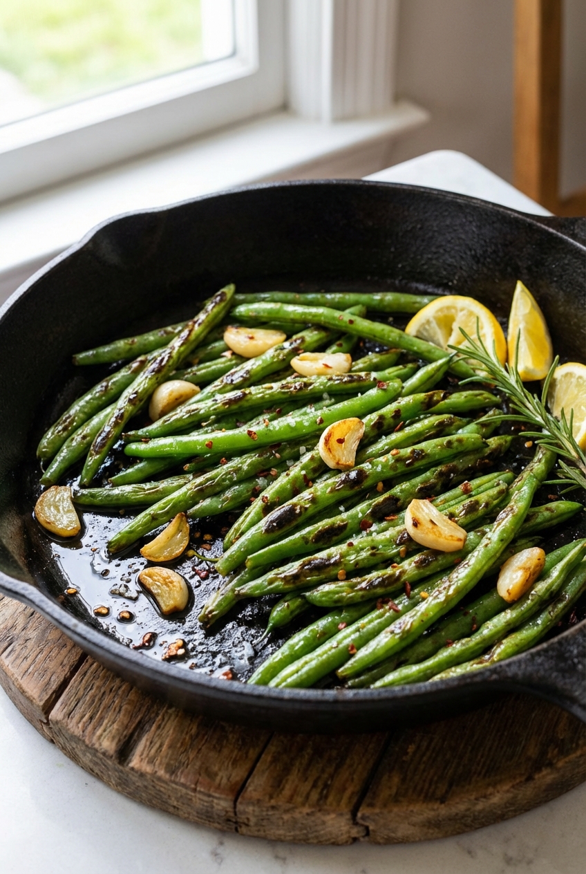 Skillet of blistered green beans with garlic