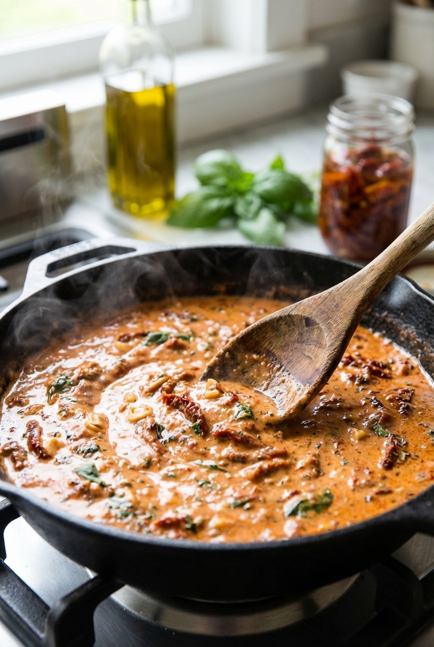 Skillet of creamy sun-dried tomato sauce bubbling gently with a wooden spoon stirring